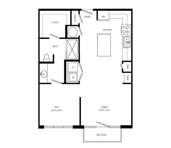 A floor plan of a small apartment with a bed, bathroom, kitchen, and living room.