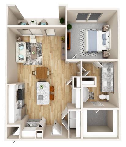 A 3D floor plan of a small apartment with a kitchen, living room, and bathroom.