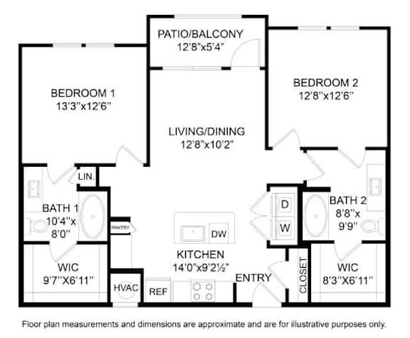 A floor plan of a house with a living room, two bedrooms, two bathrooms, a kitchen, and a pantry.