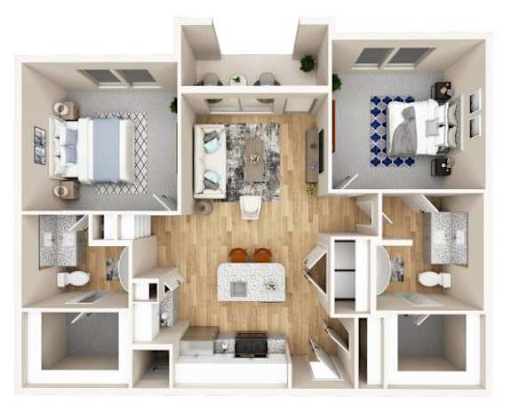 A 3D floor plan of a small apartment with a kitchen, living room, and bathroom.