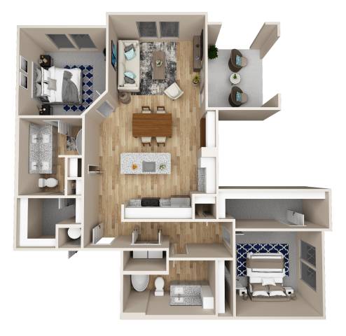 A 3D floor plan of a small apartment with a kitchen, living room, and bathroom.