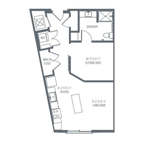 A floor plan of a house with a living room, kitchen, bathroom, and sleeping space.