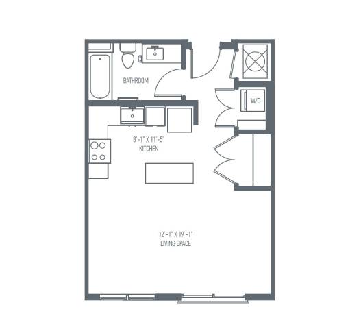 A floor plan of a small apartment with a living space, kitchen, and bathroom.