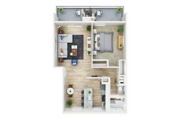 A top-down view of a small apartment with a kitchen, living room, and bedroom.