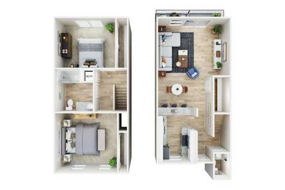 A floor plan of a two-bedroom apartment with a living room, kitchen, and bathroom.