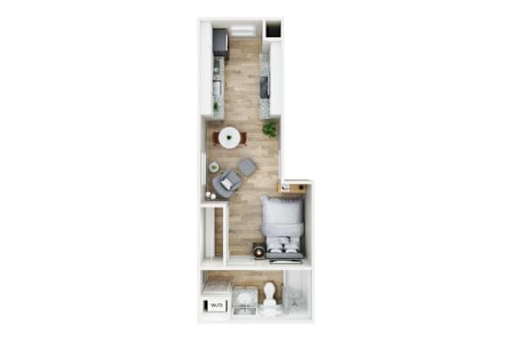 A top down view of a kitchen with a dining table and chairs.