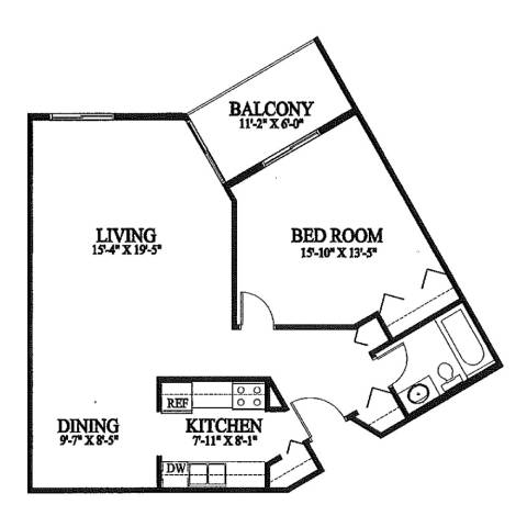 A black and white image of a floor plan for a small apartment.