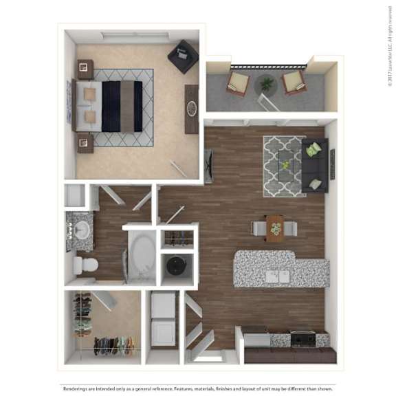 A floor plan of a small apartment with a kitchen, living room, and bathroom.
