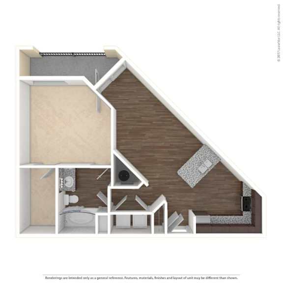 A 3D rendered image of a house layout.