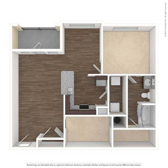 A 3D rendered image of a modern apartment layout.