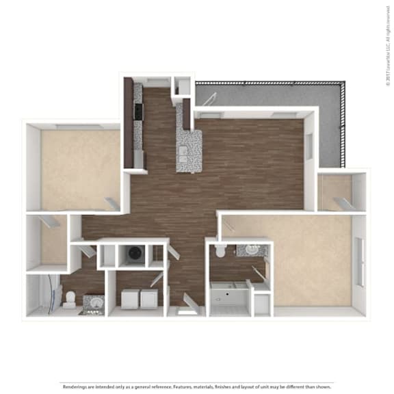 A floor plan of a house with a kitchen, living room, and two bedrooms.