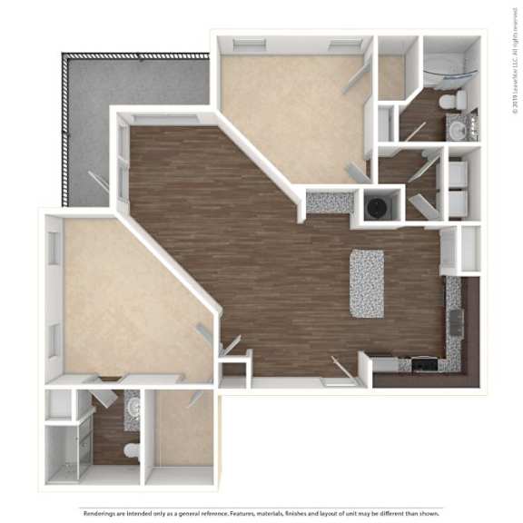 A 3D rendered image of a house layout.