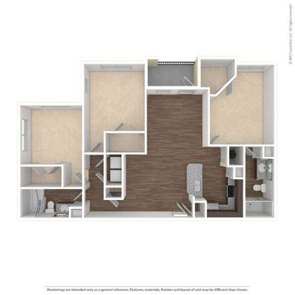 A 3D rendered image of a modern apartment layout.