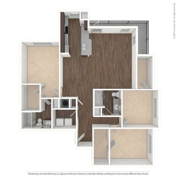 A floor plan of a house with a kitchen, living room, and two bedrooms.