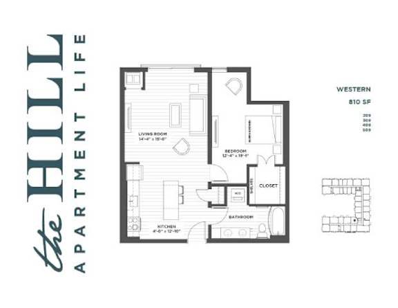 A 1 bedroom floor plan for 810 SF apartment with a living room, kitchen, bathroom, and bedroom.