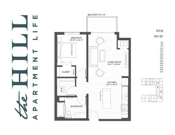 A floor plan for a 741 square foot apartment with two bedrooms, a living room, a kitchen, a bathroom, and a closet.