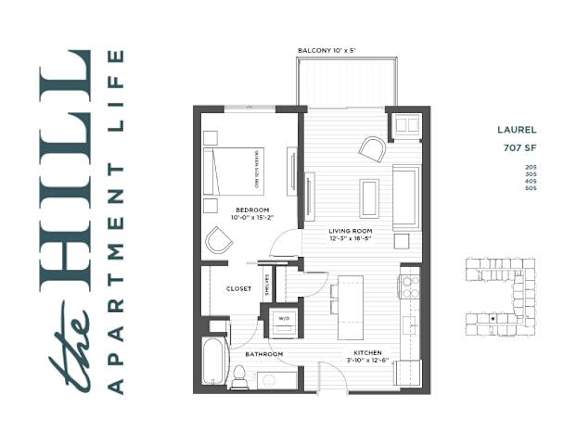 A floor plan for a 707 square foot apartment with a balcony.