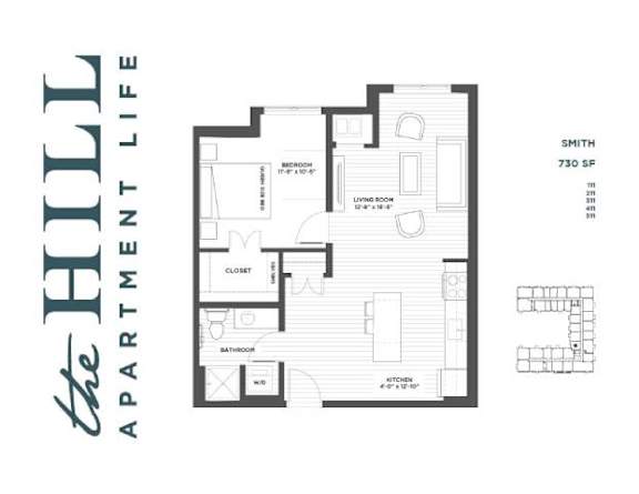 A 1 bedroom floor plan for a 730 square foot apartment with a living room, kitchen, and bathroom.