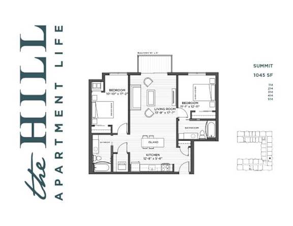 A 2 bedroom floor plan for 1045 sq ft