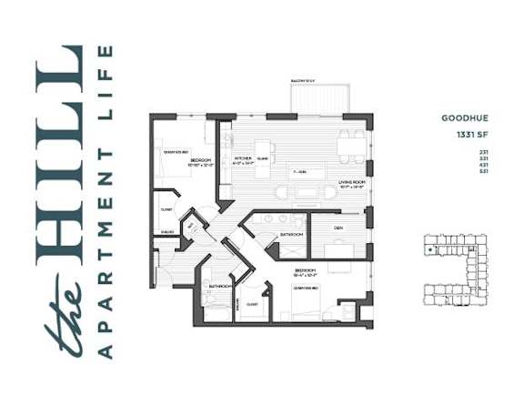 A 2 bedroom floor plan for 1331 sq ft