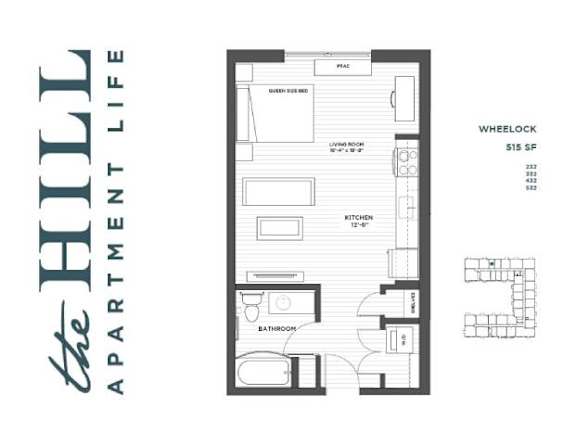 A floor plan for a 515 square foot apartment with a living room, kitchen, and bathroom.