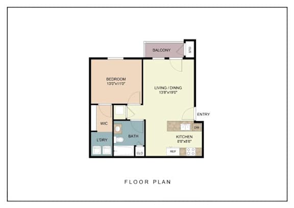 A floor plan of a home with a balcony, bedroom, living/dining area, kitchen, bathroom, laundry, and entry.