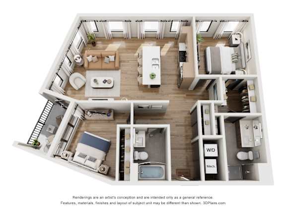 A 3D floor plan of a house with a kitchen, living room, and two bedrooms.