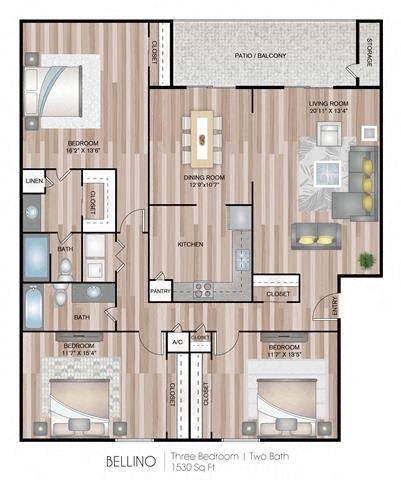 A floor plan of a three bedroom, two bathroom apartment.