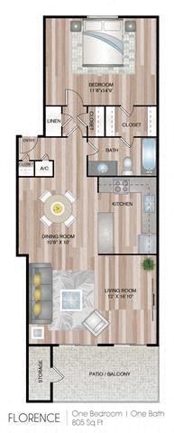 A floor plan of a one bedroom apartment with one bathroom.