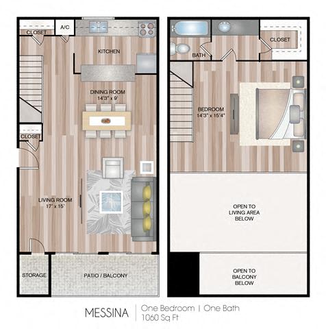A floor plan of a Messina apartment with one bedroom and one bath.