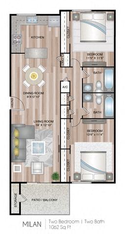 A floor plan of a two bedroom, two bath apartment in Milan.