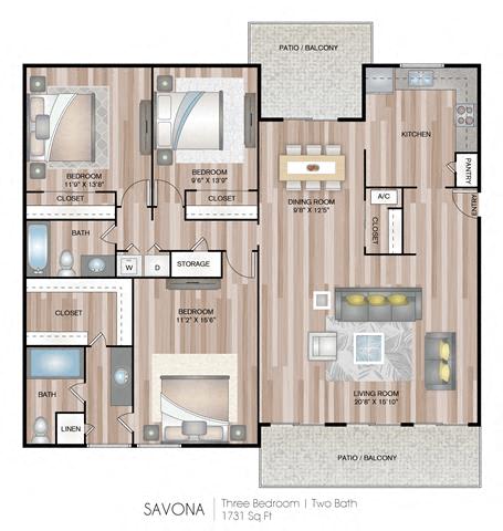 A floor plan of a three bedroom apartment with two bathrooms.