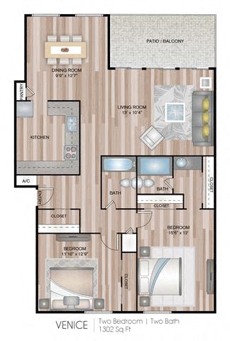 A floor plan of a two bedroom, two bathroom apartment in Venice.