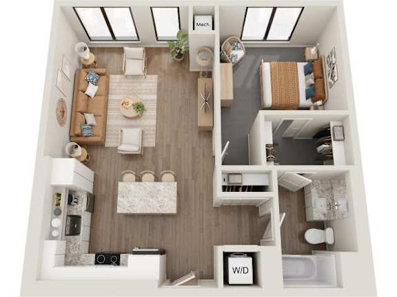 A top-down view of a well-organized apartment with a kitchen, living room, and bathroom.