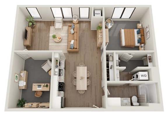 A top-down view of a small apartment with a kitchen, living room, and bedroom.