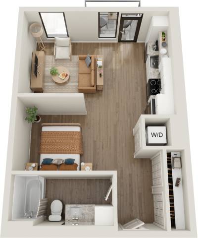 A top-down view of a small apartment with a kitchen, living room, and bathroom.