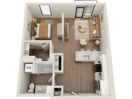 A top-down view of a small apartment with a kitchen, living room, and bathroom.