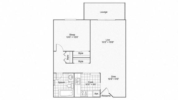 A floor plan of a house with a lounge, sleeping area, and a kitchen.
