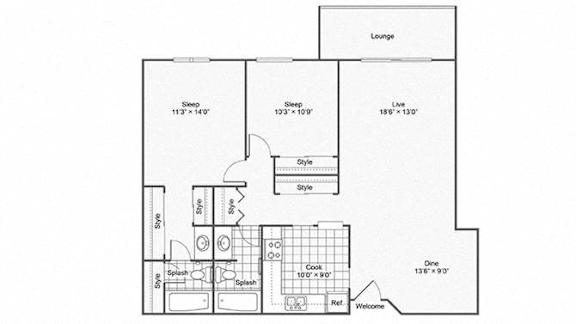 A floor plan of a house with a lounge, two bedrooms, a bathroom, a kitchen, a dining room, and a laundry area.