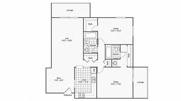 A floor plan of a house with a lounge, study, and kitchen.