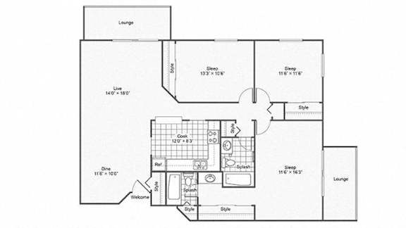 A floor plan of a house with a lounge, two bedrooms, a kitchen, a bathroom, and a laundry area.