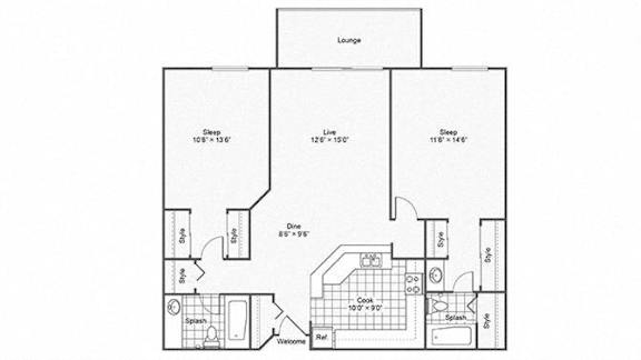A floor plan of a house with a lounge, two bedrooms, a bathroom, a kitchen, and a living room.