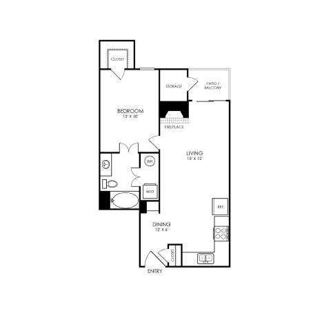 A floor plan of a living space with a bedroom, dining area, and kitchen.