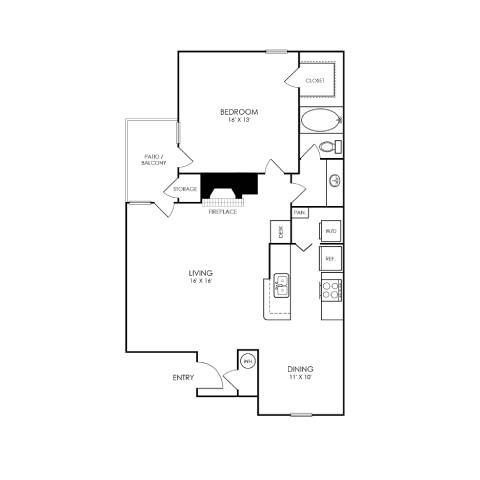 A floor plan of a house with a bedroom, living room, and dining area.