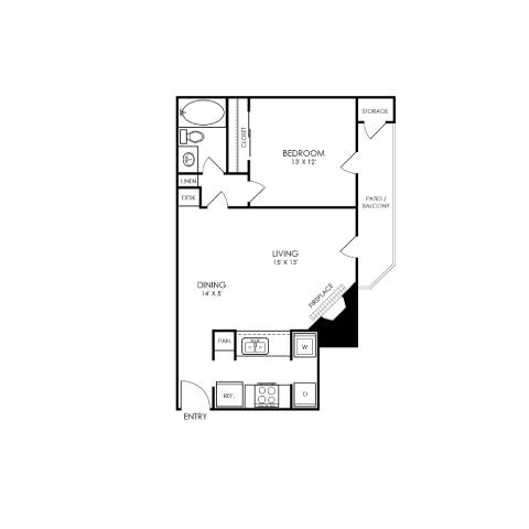 A floor plan of a small apartment with a living room, dining room, kitchen, and bedroom.