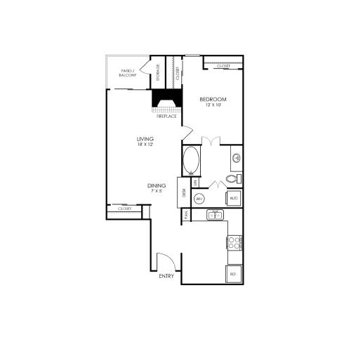 A floor plan of a house with a living room, dining room, kitchen, bedroom, and bathroom.