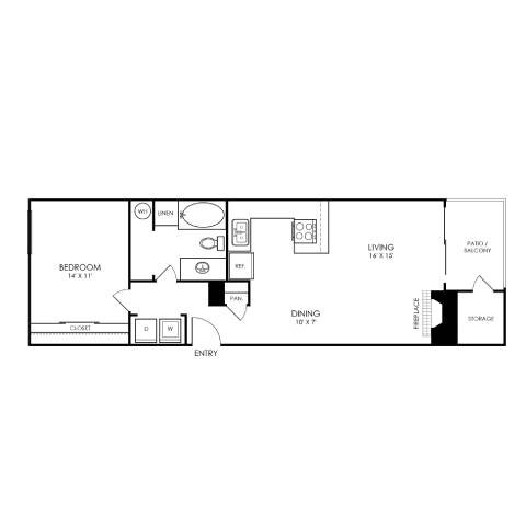 A black and white floor plan of a small apartment with a bedroom, living room, and dining area.
