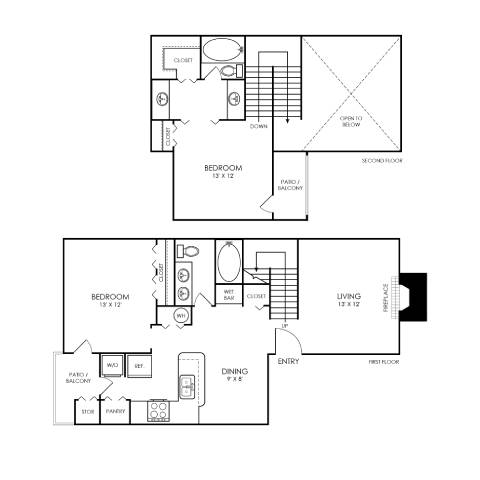 A floor plan of a two bedroom apartment with a living room and a dining room.