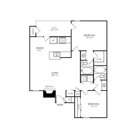 A black and white floor plan of a two bedroom apartment.