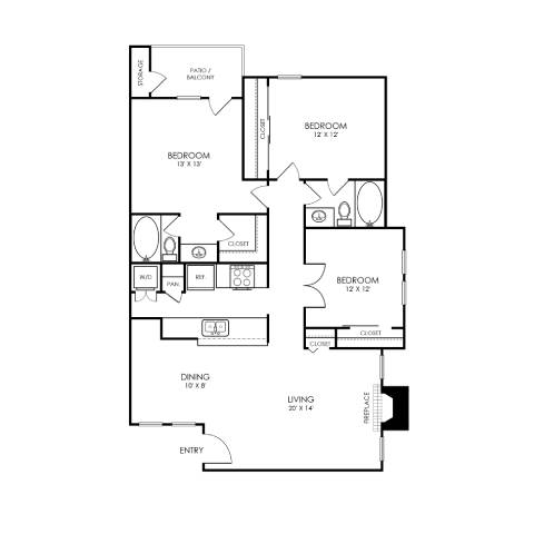 A floor plan of a house with three bedrooms, a living room, a dining room, a kitchen, a pantry, and an entry.